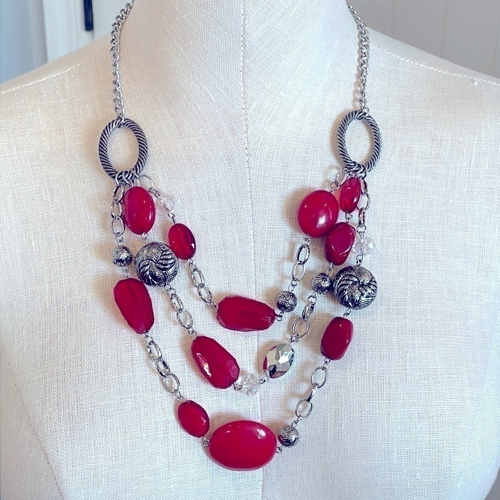 💐5/25 triple strand red silver tone necklace open oval textured links